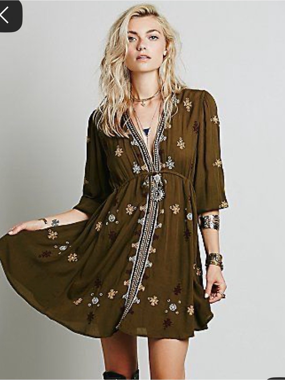 Free People Olive Green Embroidered Boho Mini Dress